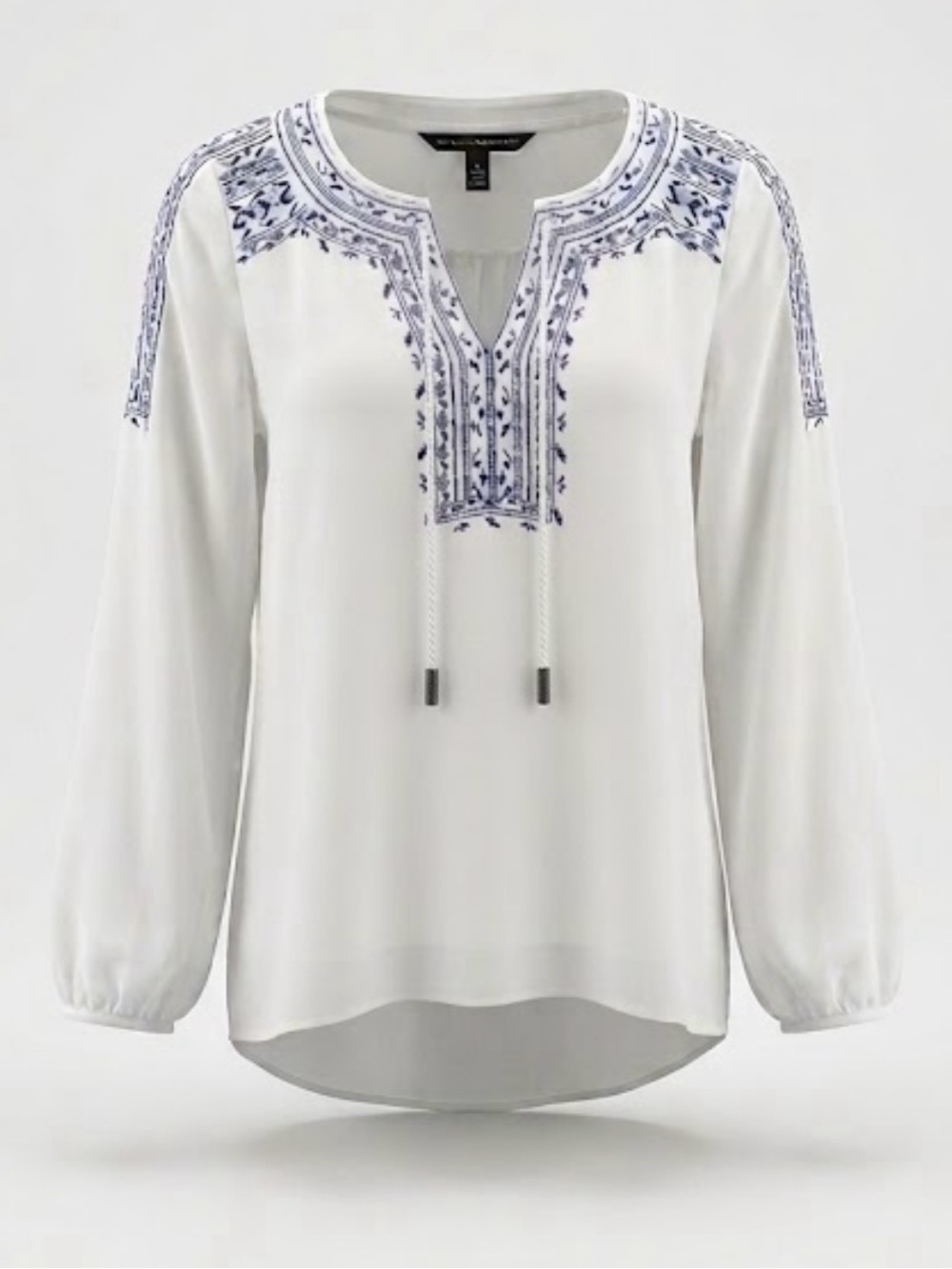 White House Black Market White Blouse with Blue Embroidery